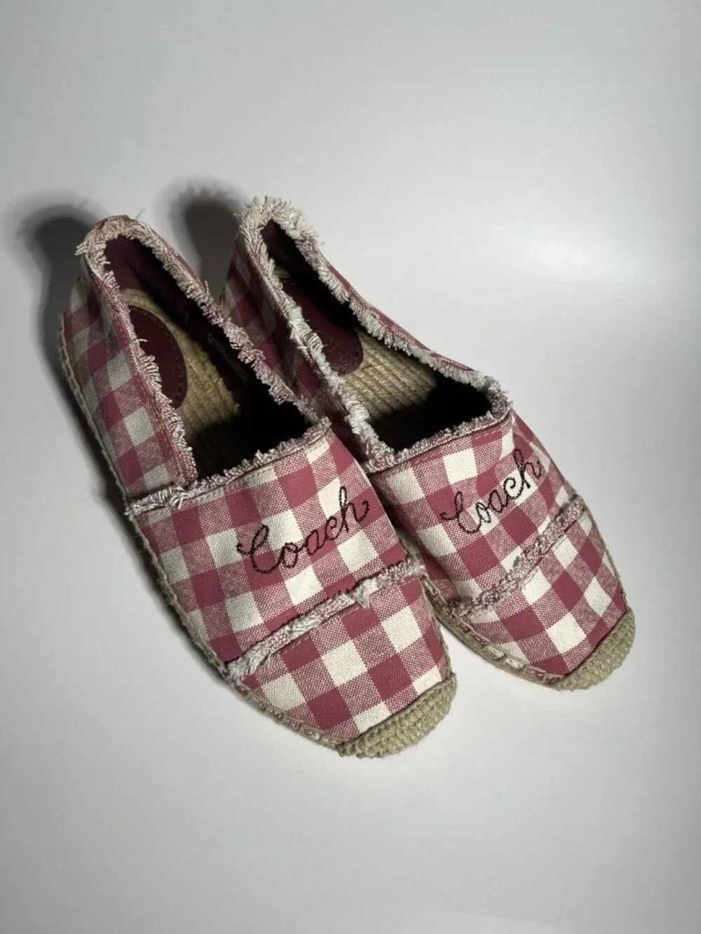 Coach Gingham Espadrille Flats Women’s Size 6.5 Pink White Slip On